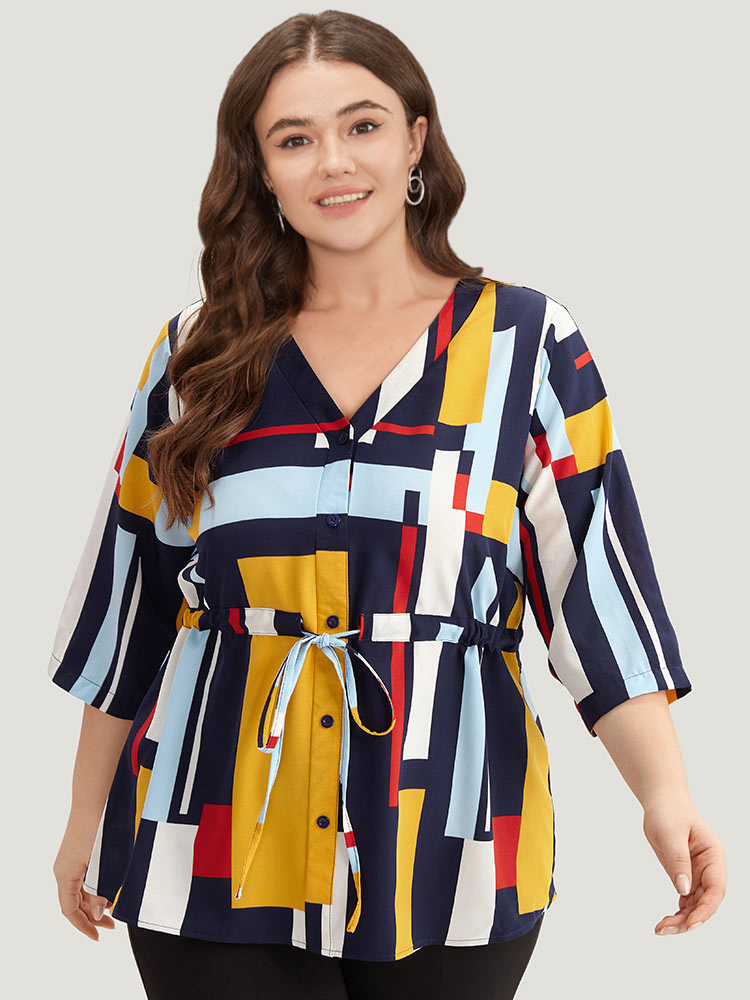 Plus Size Women Work Geometric Contrast Regular Sleeve Elbow-length sleeve V-neck Office Blouses BloomChic 