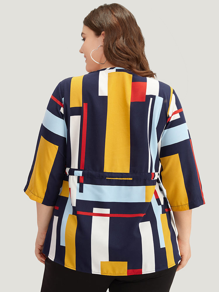 Plus Size Women Work Geometric Contrast Regular Sleeve Elbow-length sleeve V-neck Office Blouses BloomChic 
