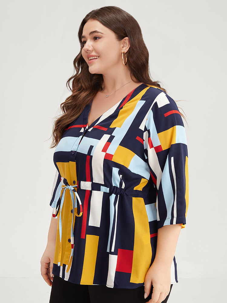 Plus Size Women Work Geometric Contrast Regular Sleeve Elbow-length sleeve V-neck Office Blouses BloomChic 