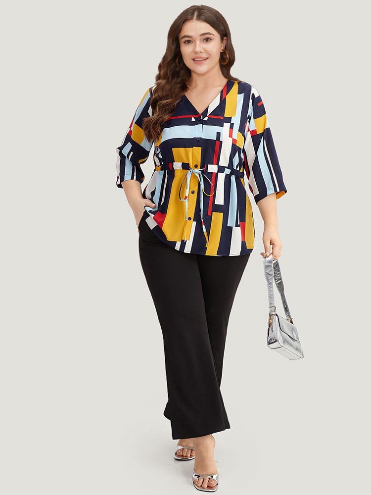 

Plus Size Multicolor Geometric Contrast Drawstring Button Up Blouse Women Office Elbow-length sleeve V-neck Work Blouses BloomChic