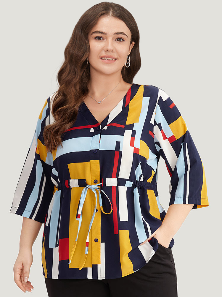 Plus Size Women Work Geometric Contrast Regular Sleeve Elbow-length sleeve V-neck Office Blouses BloomChic 