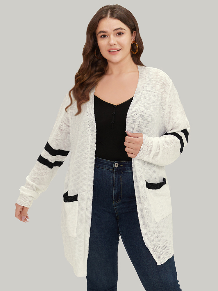 

Plus Size Contrast Patched Pocket Open Front Cardigan White Women Casual Loose Long Sleeve Everyday Cardigans BloomChic