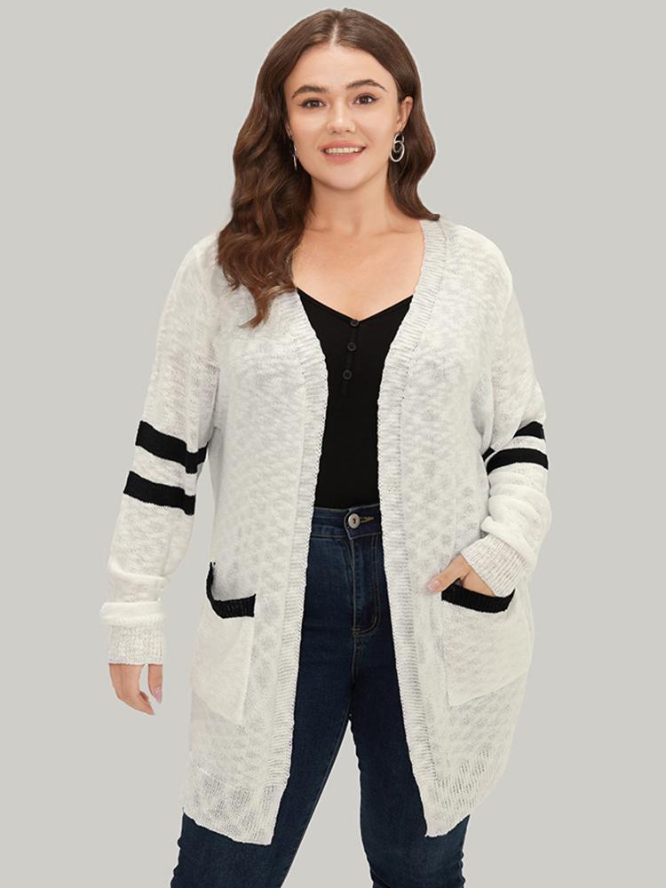 Plus Size Cardigans | Contrast Patched Pocket Open Front Cardigan | BloomChic 