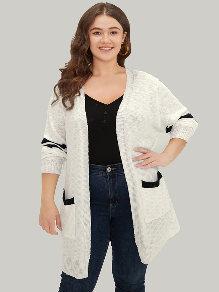 Plus Size Cardigans | Contrast Patched Pocket Open Front Cardigan | BloomChic 