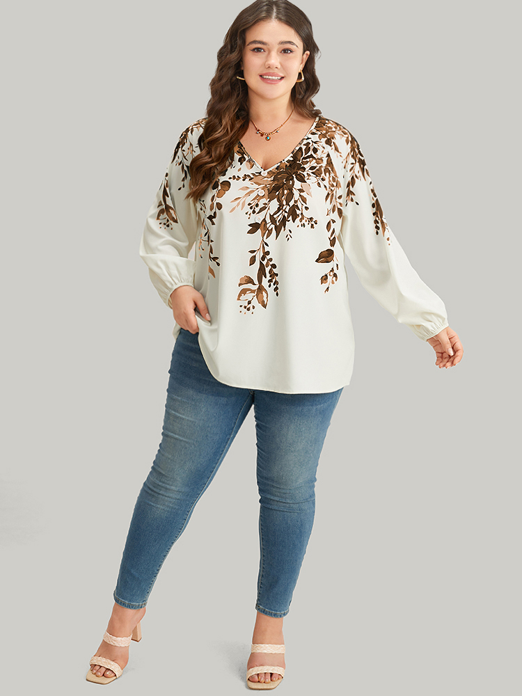 

Plus Size Bronze Plants Print Lantern Sleeve Button Detail Blouse Women Vacation Long Sleeve V-neck Dailywear Blouses BloomChic