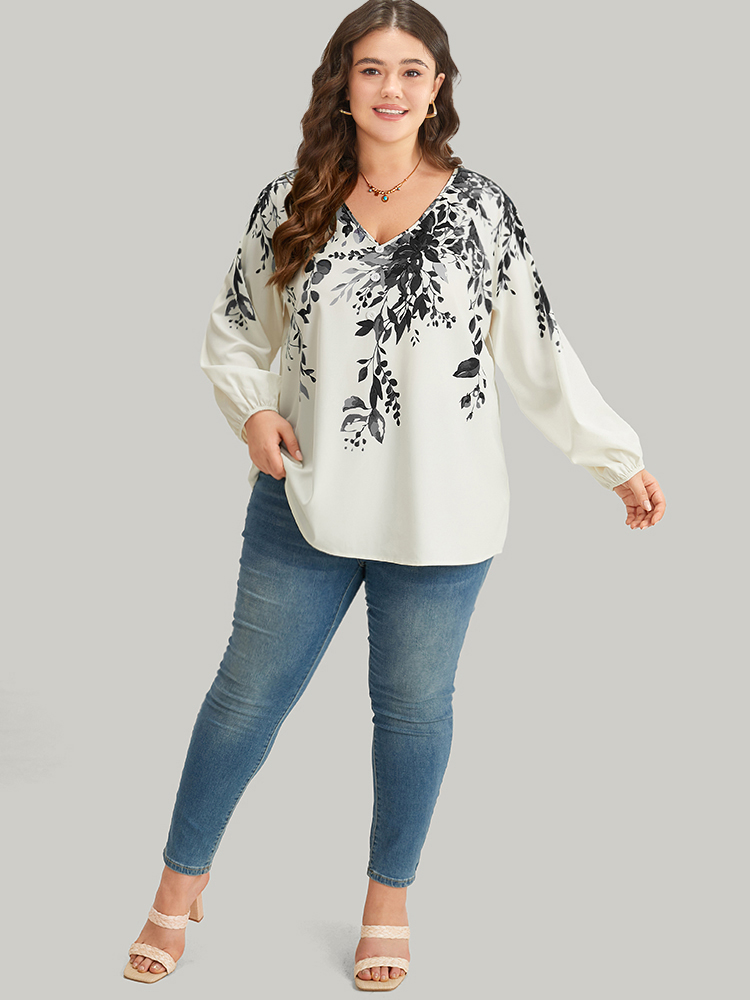 

Plus Size DimGray Plants Print Lantern Sleeve Button Detail Blouse Women Vacation Long Sleeve V-neck Dailywear Blouses BloomChic