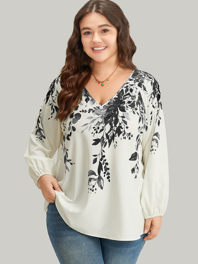 

Plus Size DimGray Plants Print Lantern Sleeve Button Detail Blouse Women Vacation Long Sleeve V-neck Dailywear Blouses BloomChic