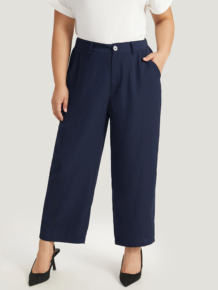 

Plus Size Plain Pocket Elastic Waist High Rise Pants Women Indigo Office Straight Leg High Rise Work Pants BloomChic