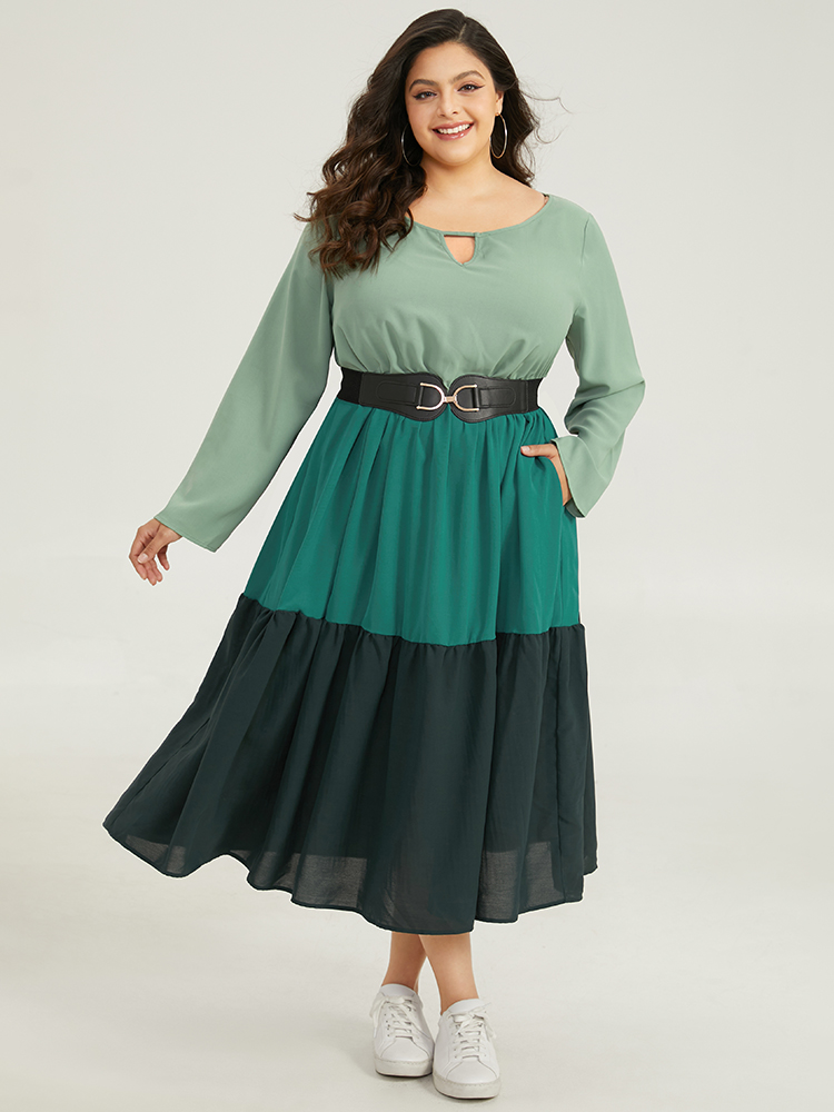 

Plus Size Colorblock Contrast Keyhole Layered Hem Dress Mint Women Casual Plain Keyhole Cut-Out Long Sleeve Curvy Midi Dress BloomChic