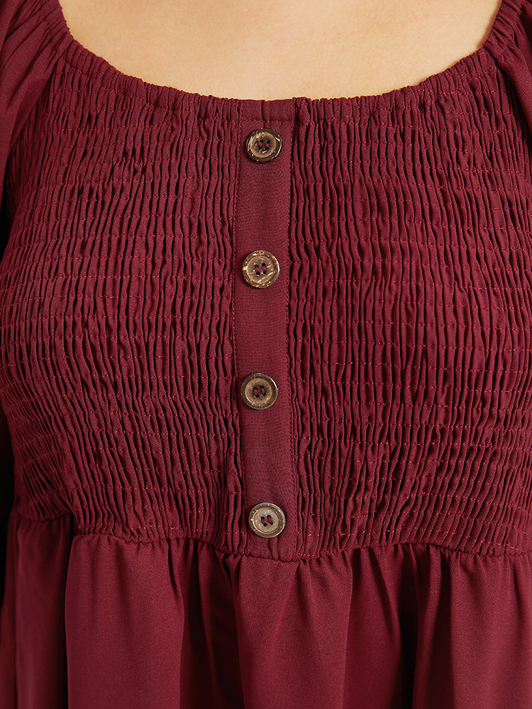 

Plus Size Shirred Pocket Button Detail Frill Trim Dress Burgundy Women Elastic cuffs Square Neck Elbow-length sleeve Curvy Knee Dress BloomChic