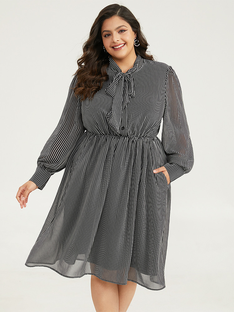 

Plus Size Striped Mesh Elastic Waist Knot Neck Dress Black Women Office Printed Tie Neck Long Sleeve Curvy Midi Dress BloomChic