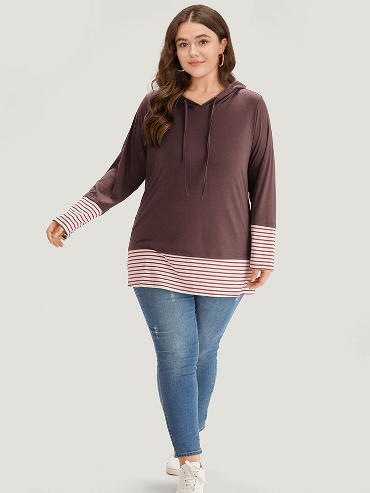 

Plus Size Striped Patchwork Hooded Drawstring T-shirt Russet Women Casual Patchwork Striped Hooded Dailywear T-shirts BloomChic