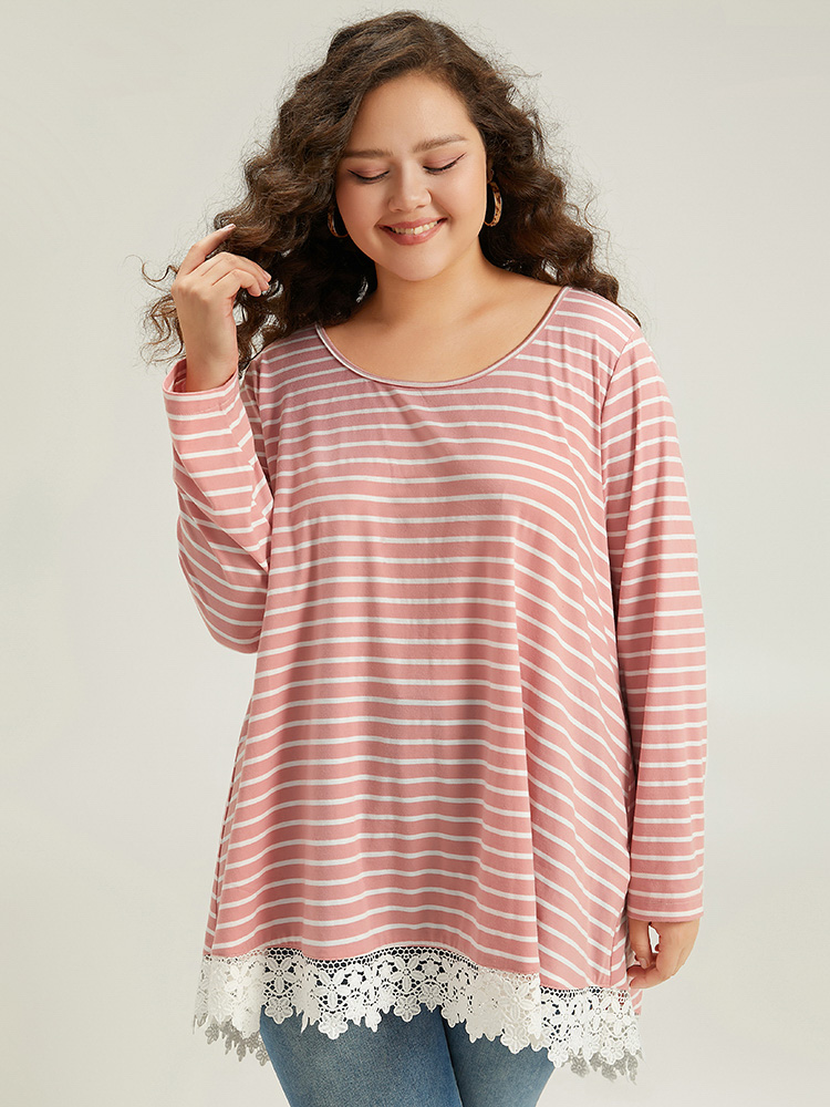 

Plus Size Striped Guipure Lace Crew Neck T-shirt Pink Round Neck Long Sleeve Casual Jersey Tops