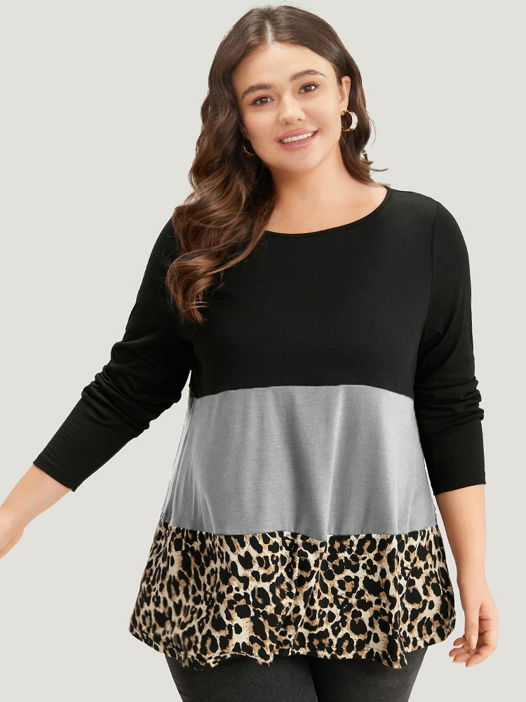 

Plus Size Colorblock Leopard Contrast Round Neck T-shirt Gray Women Casual Contrast Leopard Round Neck Everyday T-shirts BloomChic