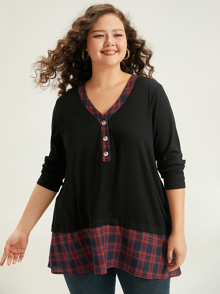 

Plus Size Plaid Patchwork Button Through T-shirt Black V-neck Long Sleeve Casual Jersey Tops