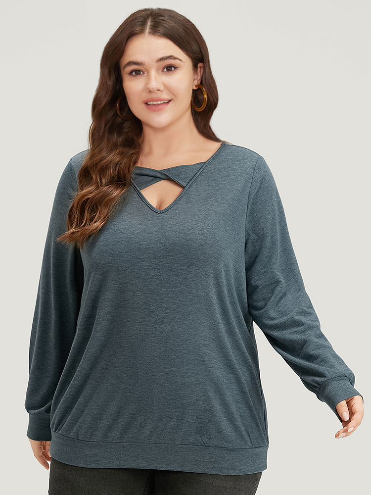 

Plus Size Plain Twist Front Keyhole Sweatshirt Women Navy Casual Plain V-neck Dailywear Sweatshirts BloomChic