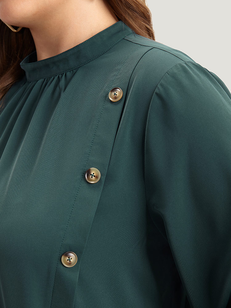 

Plus Size Cyan Anti-Wrinkle Asymmetrical Button Gathered Blouse Women Office Long Sleeve Round Neck Work Blouses BloomChic