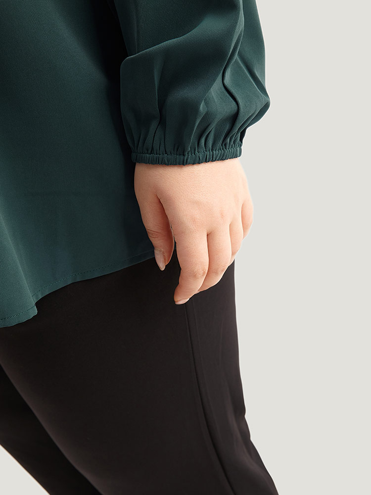 Plus Size Cyan Anti-Wrinkle Asymmetrical Button Gathered Blouse Women Office Long Sleeve Round Neck Work Blouses BloomChic 14-16/1X 