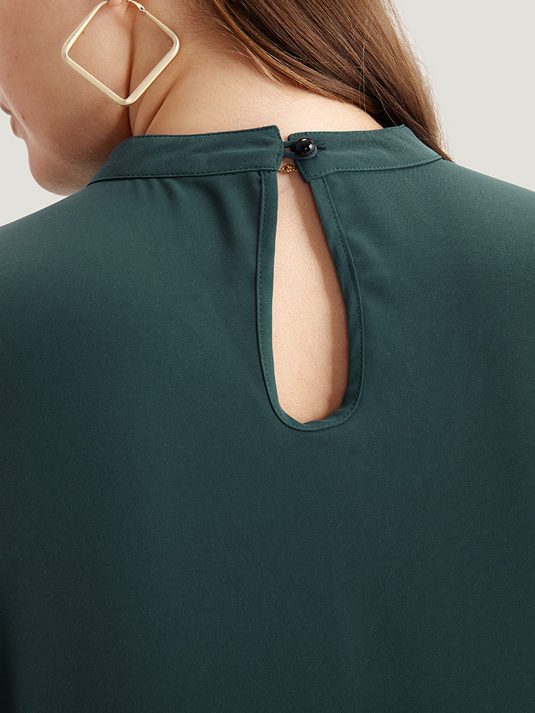 Plus Size Cyan Anti-Wrinkle Asymmetrical Button Gathered Blouse Women Office Long Sleeve Round Neck Work Blouses BloomChic 14-16/1X 