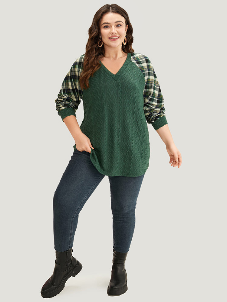 

Plus Size Plaid Raglan Sleeve Patchwork Texture Sweatshirt Women DarkGreen Casual Elastic cuffs V-neck Dailywear Sweatshirts BloomChic