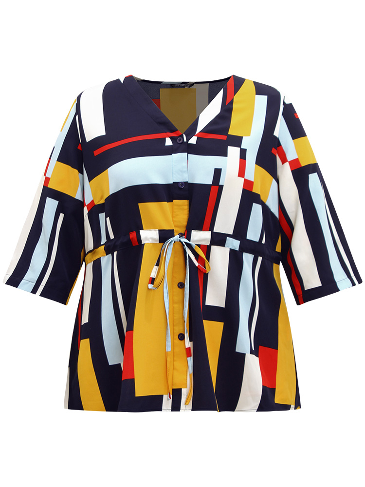 Plus Size Women Work Geometric Contrast Regular Sleeve Elbow-length sleeve V-neck Office Blouses BloomChic 