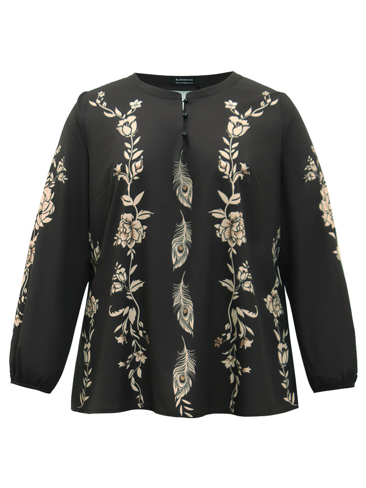 Plus Size Black Floral Print Button Up Lantern Sleeve Blouse Women Elegant Long Sleeve Round Neck Dailywear Blouses BloomChic 22-24/3X 