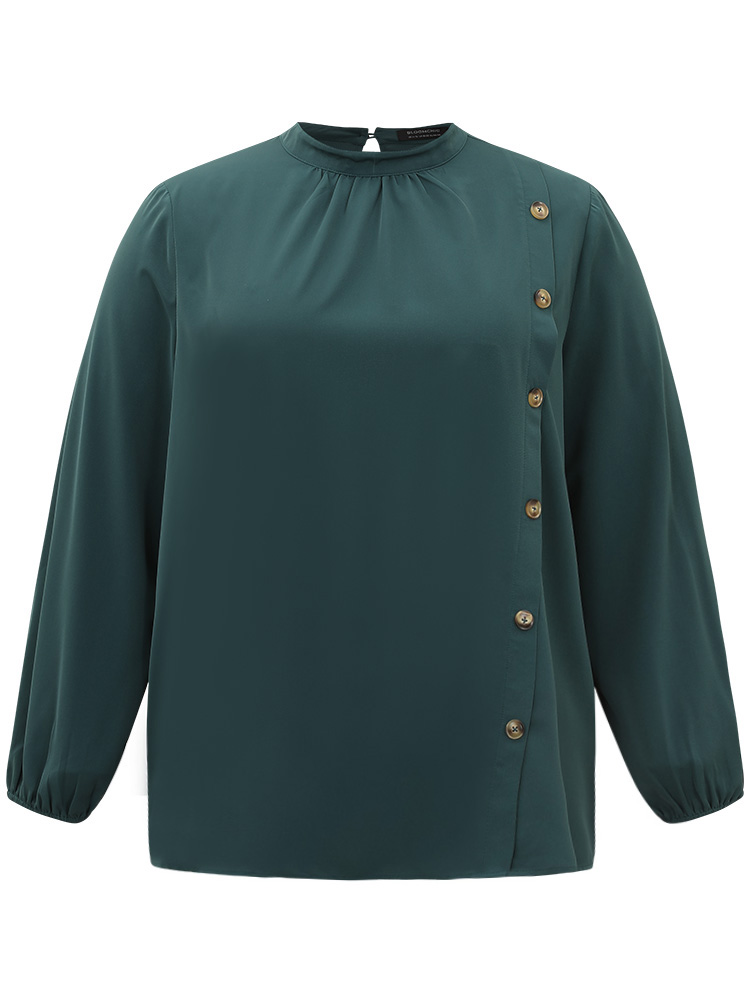 Plus Size Cyan Anti-Wrinkle Asymmetrical Button Gathered Blouse Women Office Long Sleeve Round Neck Work Blouses BloomChic 14-16/1X 