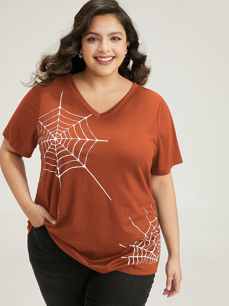 

Plus Size Halloween Spider Web Print V Neck T-shirt Chocolate Women Casual Printed Halloween V-neck Festival-Halloween T-shirts BloomChic