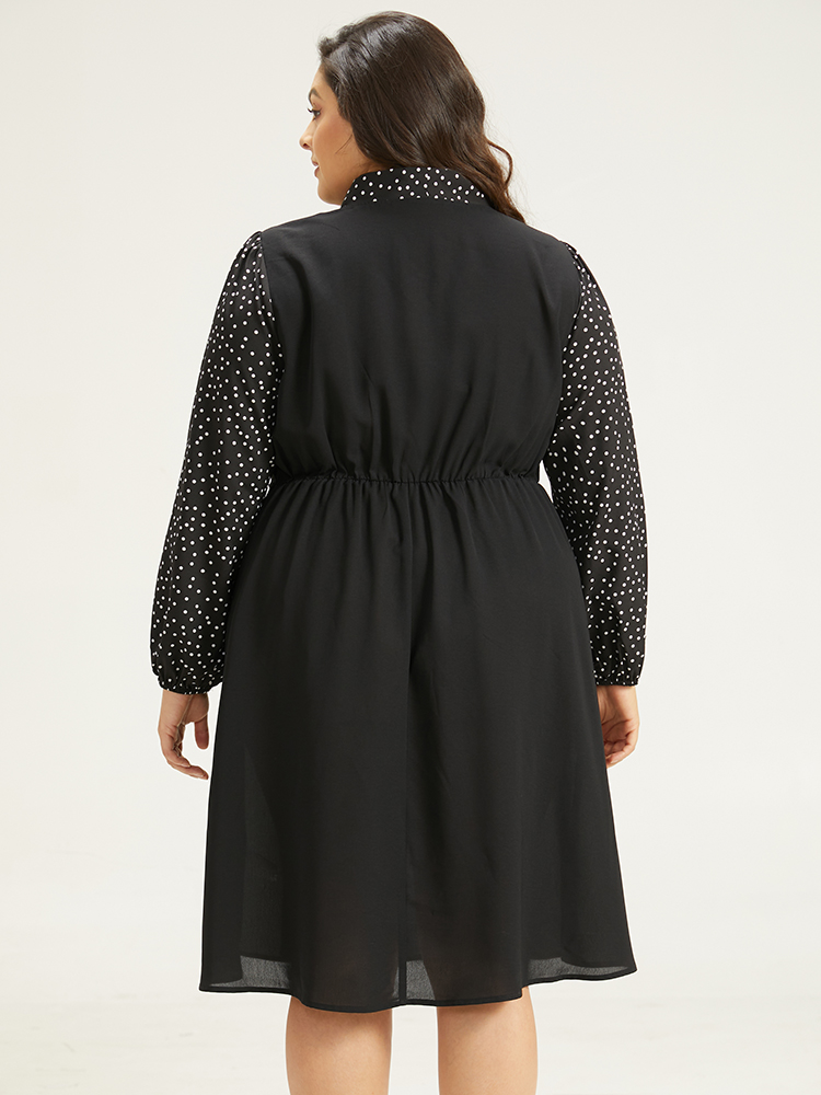 Plus Size Polka Dot Ties Pocket Button Detail Dress Black Women Office Elastic cuffs Tie Neck Long Sleeve Curvy Knee Dress BloomChic 26/4X 