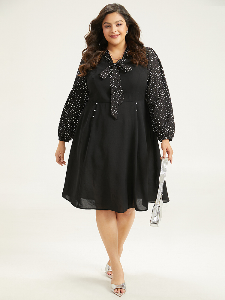 Plus Size Polka Dot Ties Pocket Button Detail Dress Black Women Office Elastic cuffs Tie Neck Long Sleeve Curvy Knee Dress BloomChic 26/4X 