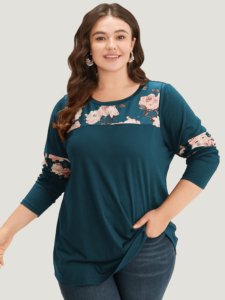 

Plus Size Floral Print Patchwork Round Neck T-shirt Emerald Women Casual Printed Floral Round Neck Dailywear T-shirts BloomChic