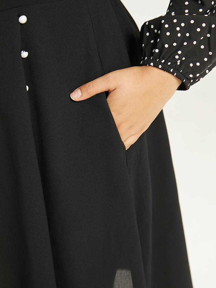 Plus Size Polka Dot Ties Pocket Button Detail Dress Black Women Office Elastic cuffs Tie Neck Long Sleeve Curvy Knee Dress BloomChic 26/4X 