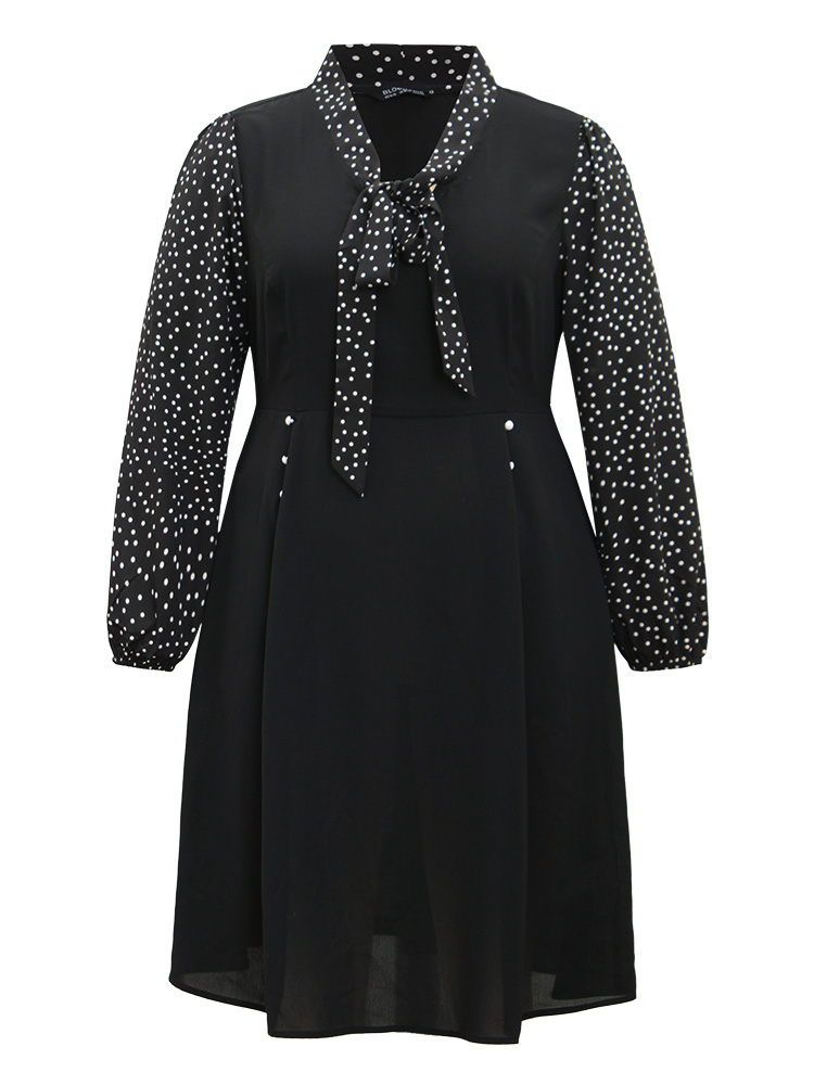 Plus Size Polka Dot Ties Pocket Button Detail Dress Black Women Office Elastic cuffs Tie Neck Long Sleeve Curvy Knee Dress BloomChic 26/4X 