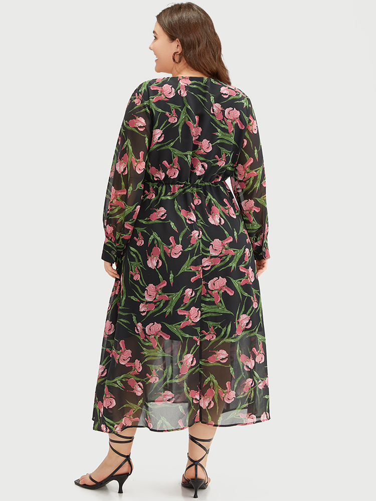 Plus Size Women Dailywear Floral Printed Regular Sleeve Long Sleeve V-neck Pocket Elegant Dresses BloomChic 