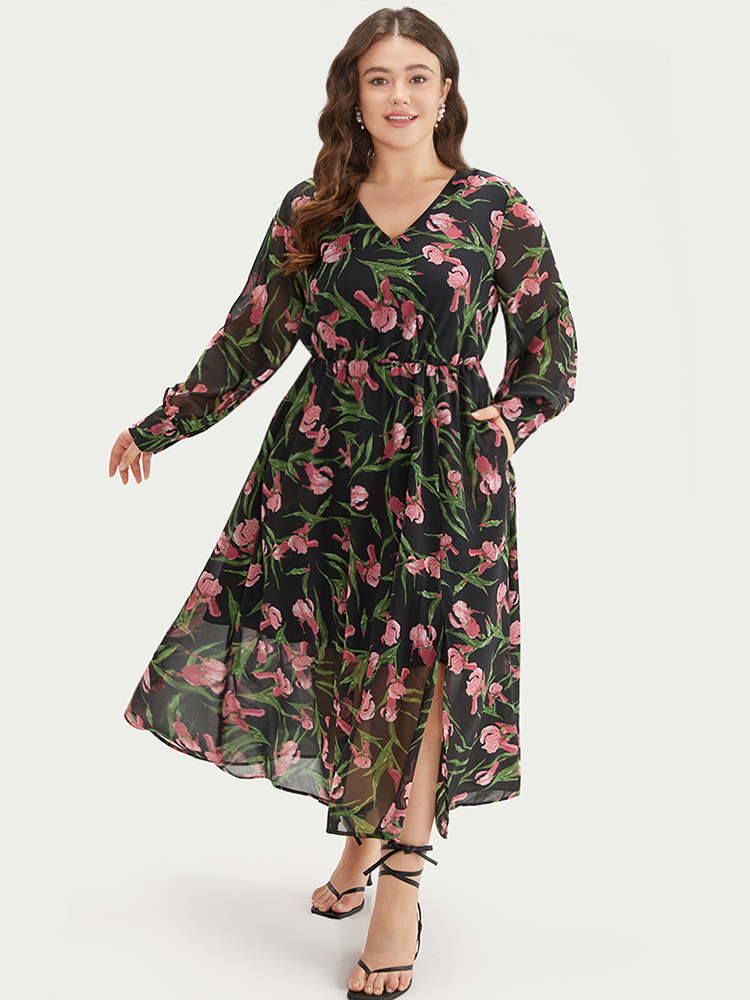 Plus Size Women Dailywear Floral Printed Regular Sleeve Long Sleeve V-neck Pocket Elegant Dresses BloomChic 