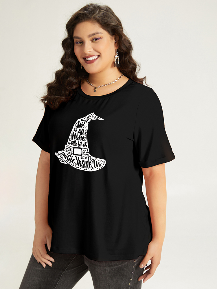 Plus Size Halloween Graphic Roll Sleeve Crew Neck T-shirt Black Women Casual Printed Halloween Festival-Halloween T-shirts BloomChic 14-16/1X 