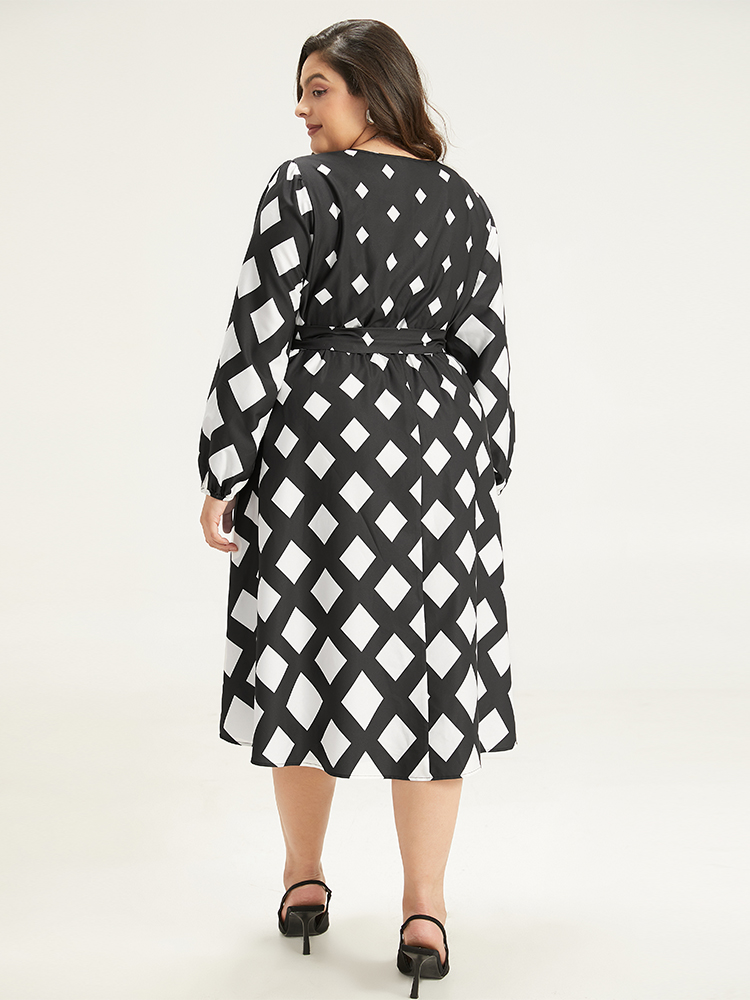 Plus Size Women Work Graphic Elastic cuffs Lantern Sleeve Long Sleeve V-neck Pocket Belt Office Dresses BloomChic 