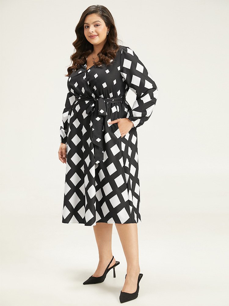 Plus Size Women Work Graphic Elastic cuffs Lantern Sleeve Long Sleeve V-neck Pocket Belt Office Dresses BloomChic 