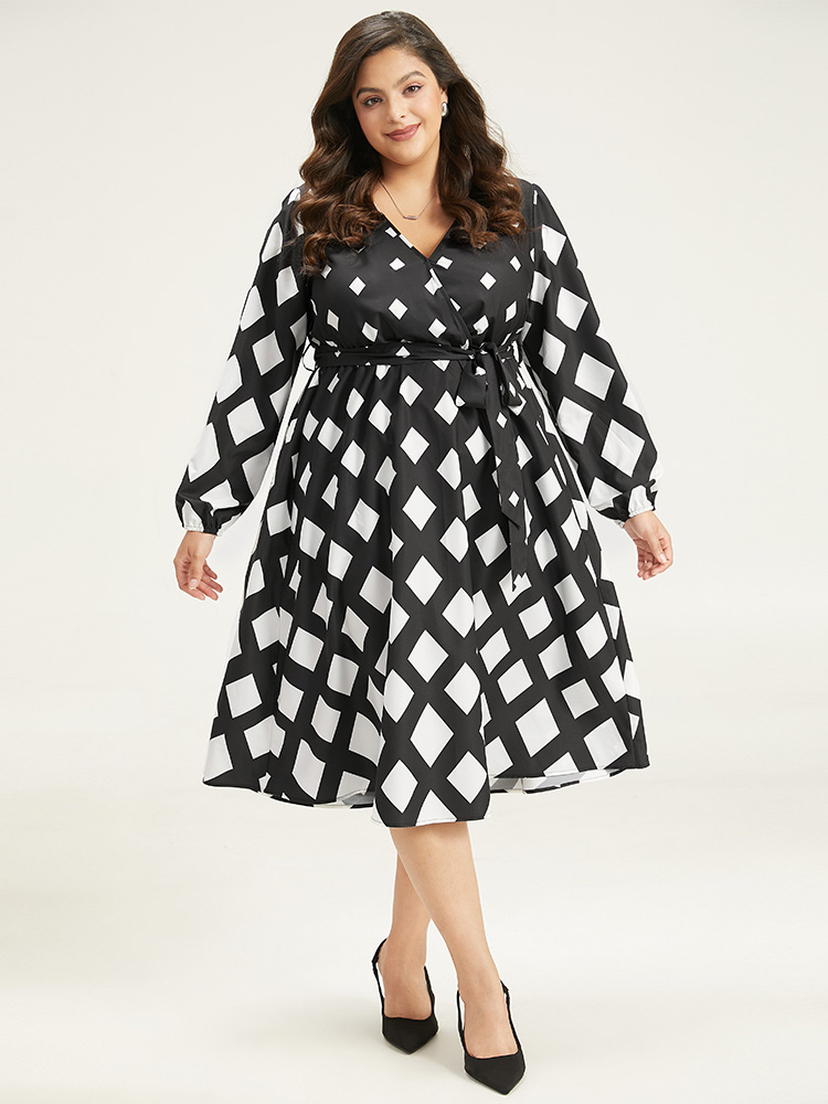 Plus Size Women Work Graphic Elastic cuffs Lantern Sleeve Long Sleeve V-neck Pocket Belt Office Dresses BloomChic 
