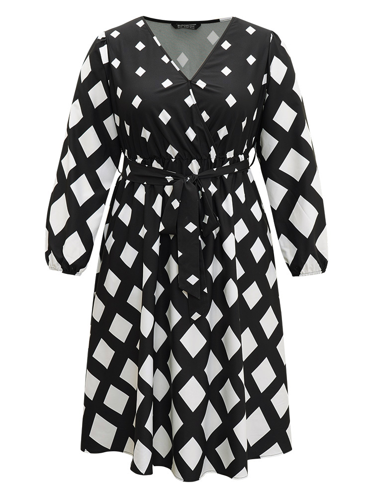 Plus Size Women Work Graphic Elastic cuffs Lantern Sleeve Long Sleeve V-neck Pocket Belt Office Dresses BloomChic 