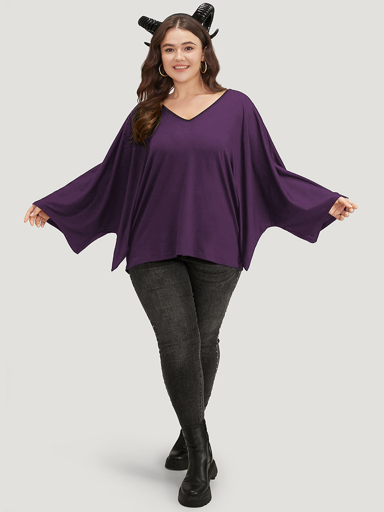 

Plus Size Halloween Plain V Neck Batwing Sleeve T-shirt Eggplant V-neck Long Sleeve Casual Jersey Tops