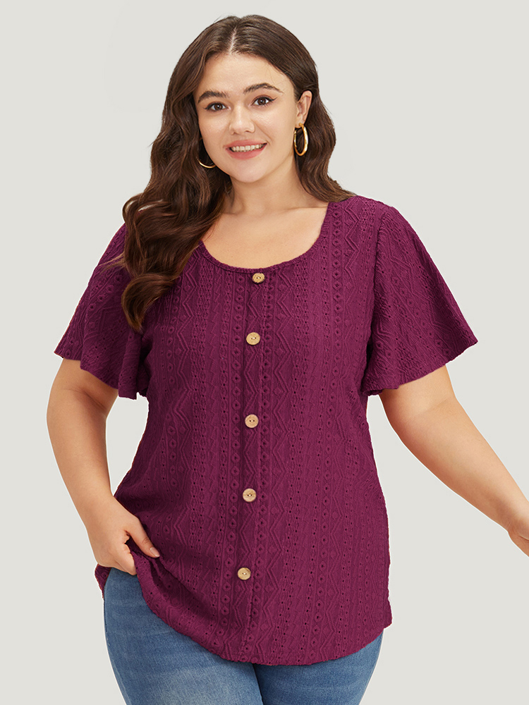 

Plus Size Embroidered Button Detail Crew Neck Flutter Sleeve T-shirt Burgundy Women Elegant Texture Plain Round Neck Dailywear T-shirts BloomChic