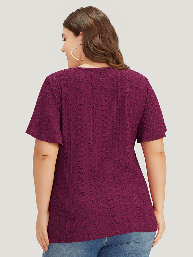 Plus Size Embroidered Button Detail Crew Neck Flutter Sleeve T-shirt Burgundy Women Elegant Texture Plain Round Neck Dailywear T-shirts BloomChic 18-20/2X 
