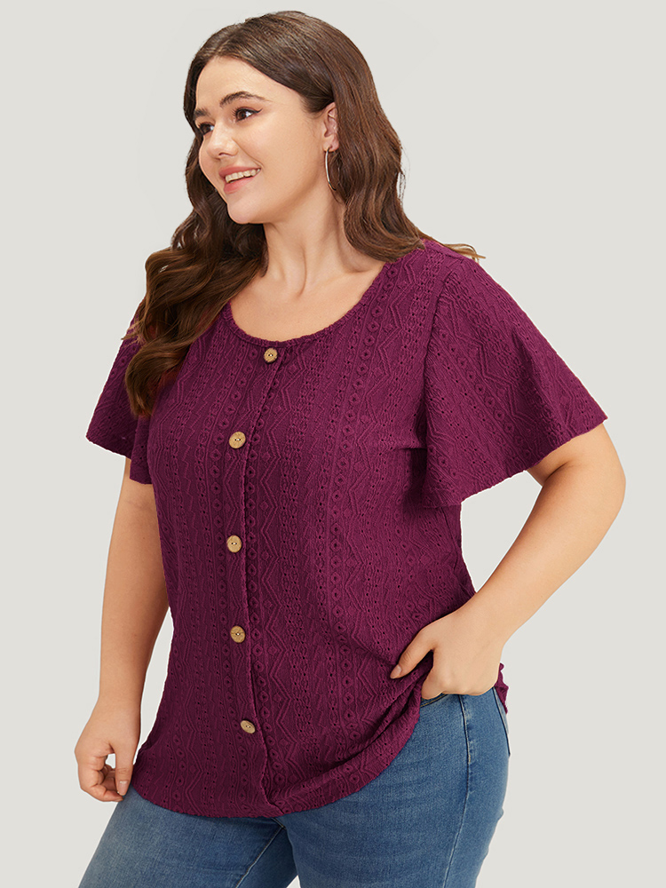 Plus Size Embroidered Button Detail Crew Neck Flutter Sleeve T-shirt Burgundy Women Elegant Texture Plain Round Neck Dailywear T-shirts BloomChic 18-20/2X 