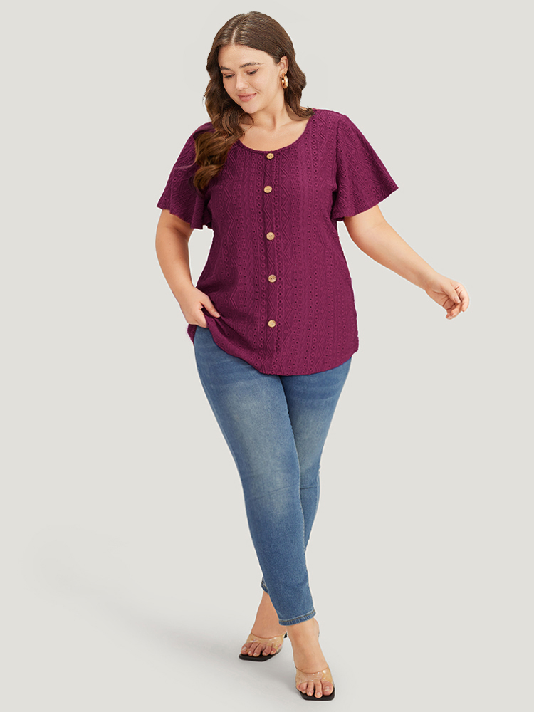 Plus Size Embroidered Button Detail Crew Neck Flutter Sleeve T-shirt Burgundy Women Elegant Texture Plain Round Neck Dailywear T-shirts BloomChic 18-20/2X 