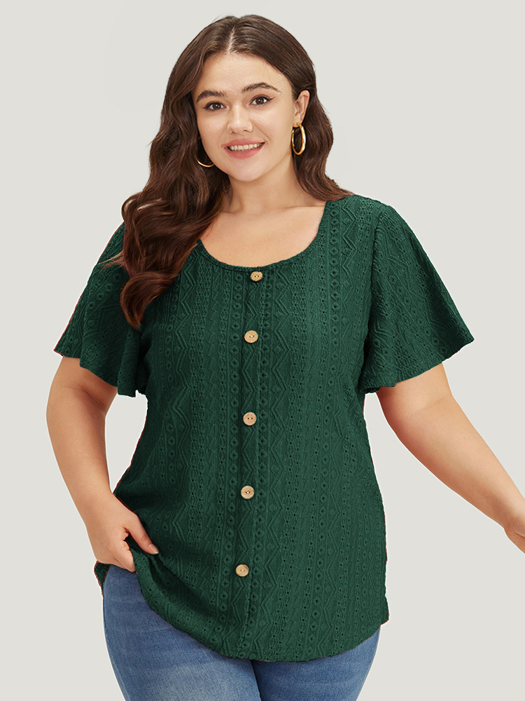 

Plus Size Embroidered Button Detail Crew Neck Flutter Sleeve T-shirt DarkGreen Women Elegant Texture Plain Round Neck Dailywear T-shirts BloomChic