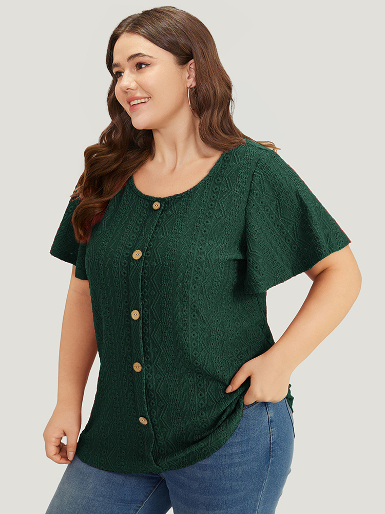 Plus Size Embroidered Button Detail Crew Neck Flutter Sleeve T-shirt DarkGreen Women Elegant Texture Plain Round Neck Dailywear T-shirts BloomChic 14-16/1X 