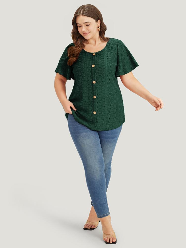 Plus Size Embroidered Button Detail Crew Neck Flutter Sleeve T-shirt DarkGreen Women Elegant Texture Plain Round Neck Dailywear T-shirts BloomChic 14-16/1X 