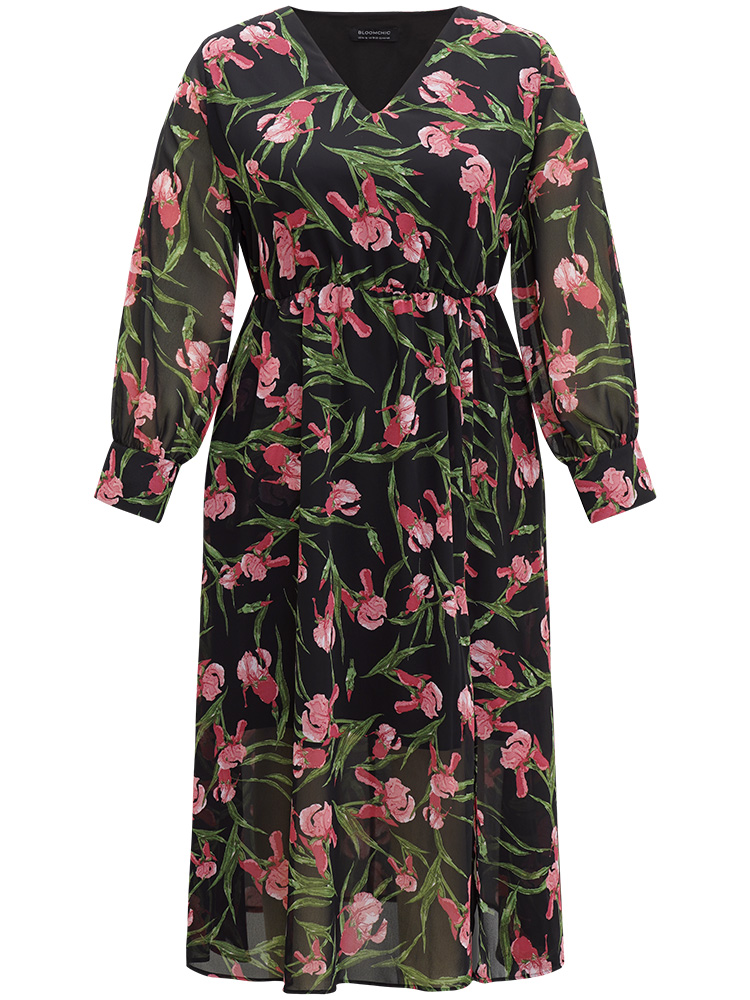 Plus Size Women Dailywear Floral Printed Regular Sleeve Long Sleeve V-neck Pocket Elegant Dresses BloomChic 