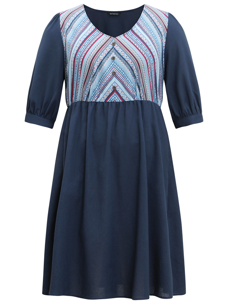 Plus Size Boho Print Striped Patchwork Lantern Sleeve Dress Indigo Women Vacation Printed V-neck Elbow-length sleeve Curvy Midi Dress BloomChic 14-16/1X 